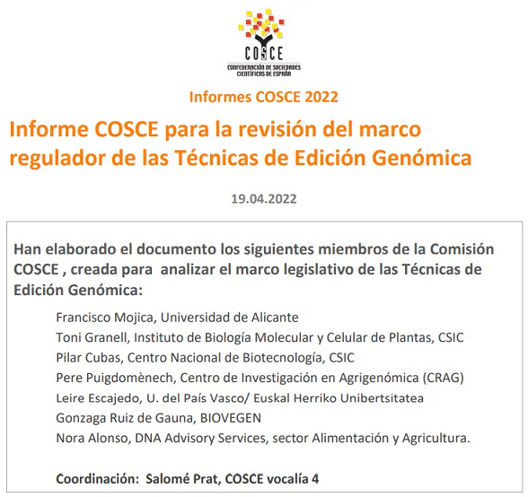 BIOVEGEN participa en la elaboración del informe de la COSCE sobre la reforma del marco regulador europeo de las técnicas de edición genómica