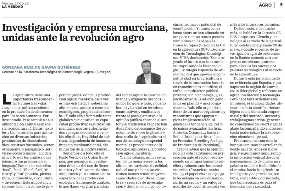 BIOVEGEN resalta el papel de la investigación y la empresa murciana ante la revolución agro en La Verdad de Murcia